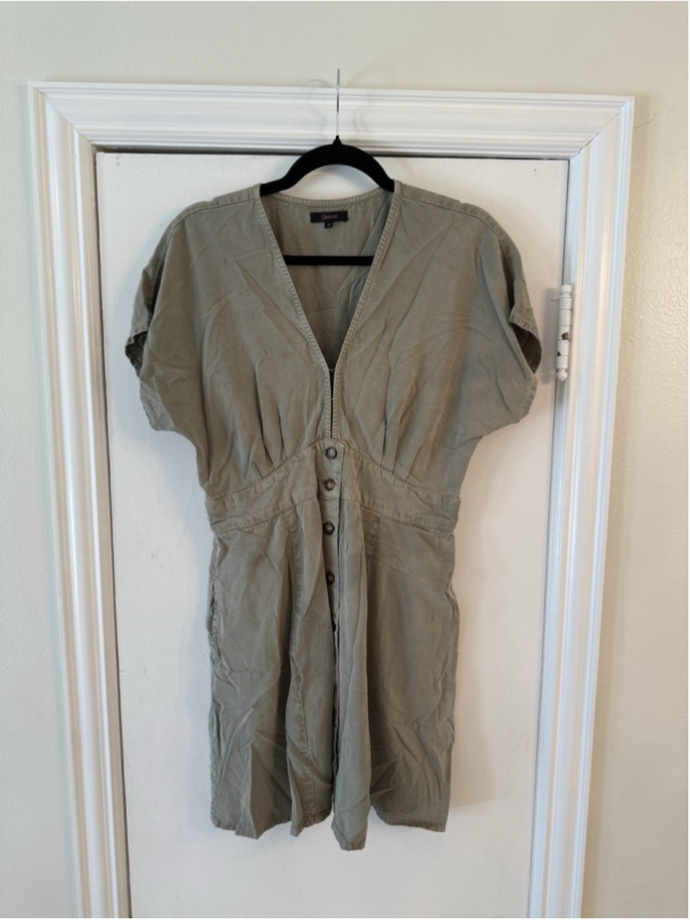 Quince Vintage Wash Button Down Mini Dress M Tencel Olive Green Nature Utility - Picture 4 of 11